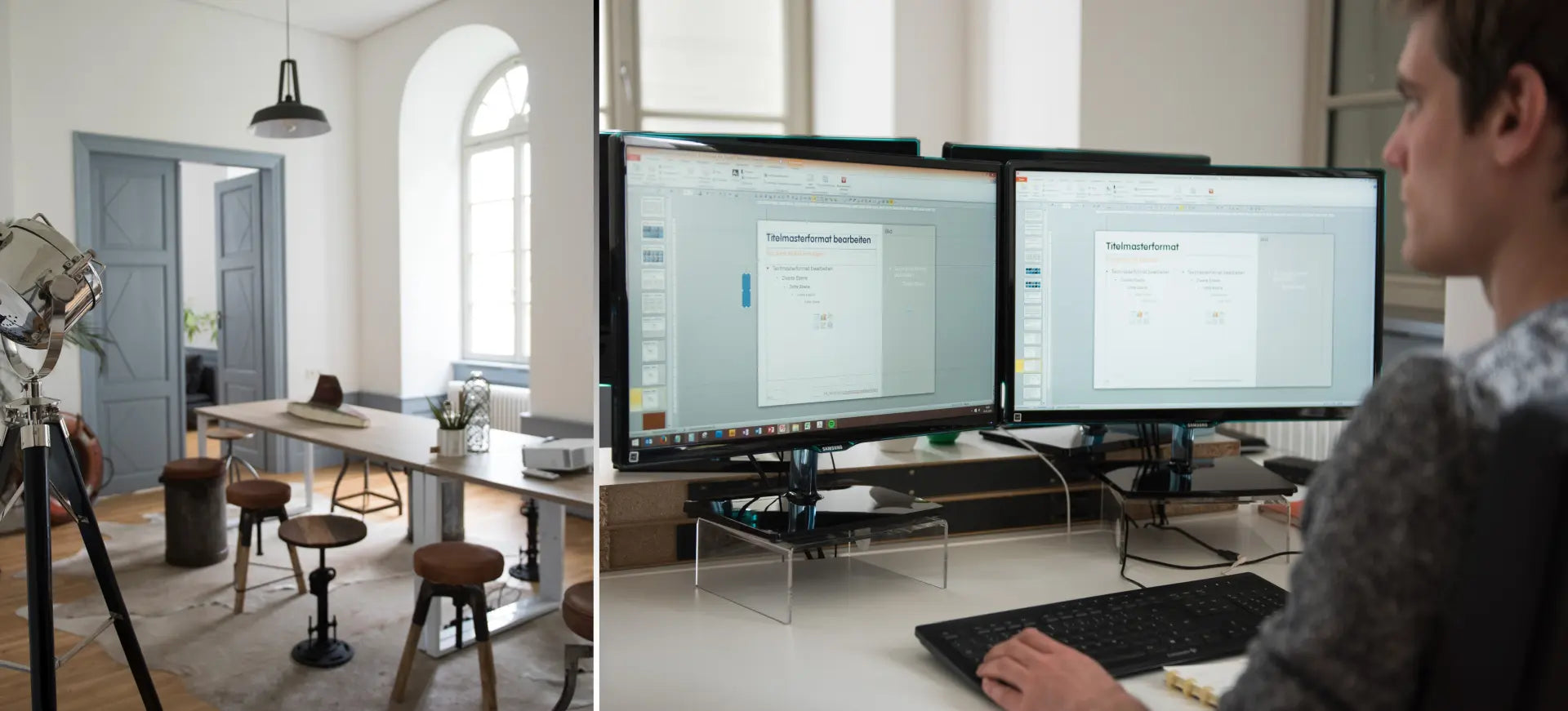 Mann arbeitet an PowerPoint-Präsentation